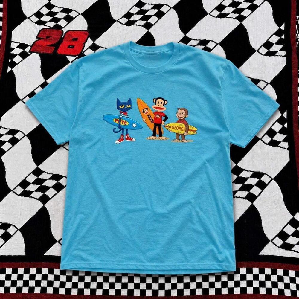 Blue Graphic T-Shirt Featuring Pete The Cat Monkey And Surfing Cat